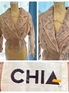 CHIA Vintage 80s Suede Leather Jacket Brown Snake Print Cropped Womens XS